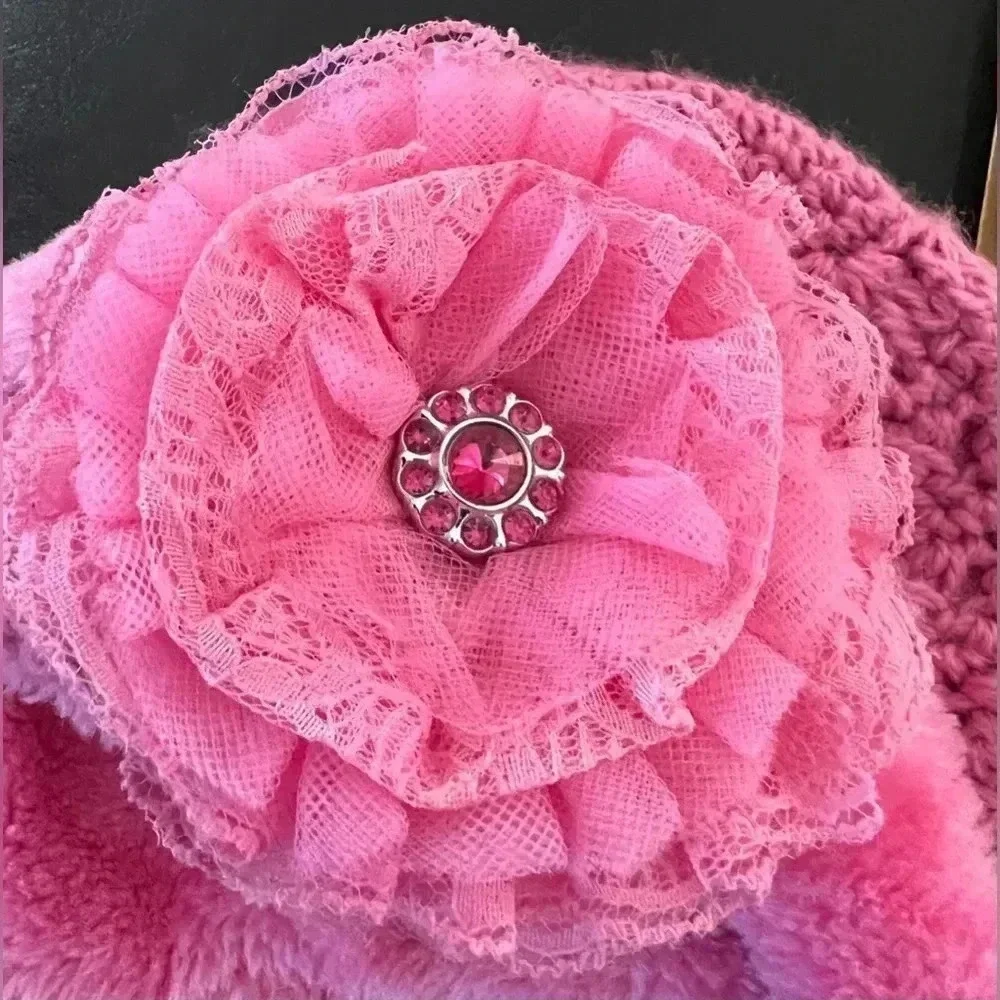 jamie rae hats | Candy Pink Winter Wimple Hat Candy Pink Lace Rose. Size: 3/6M